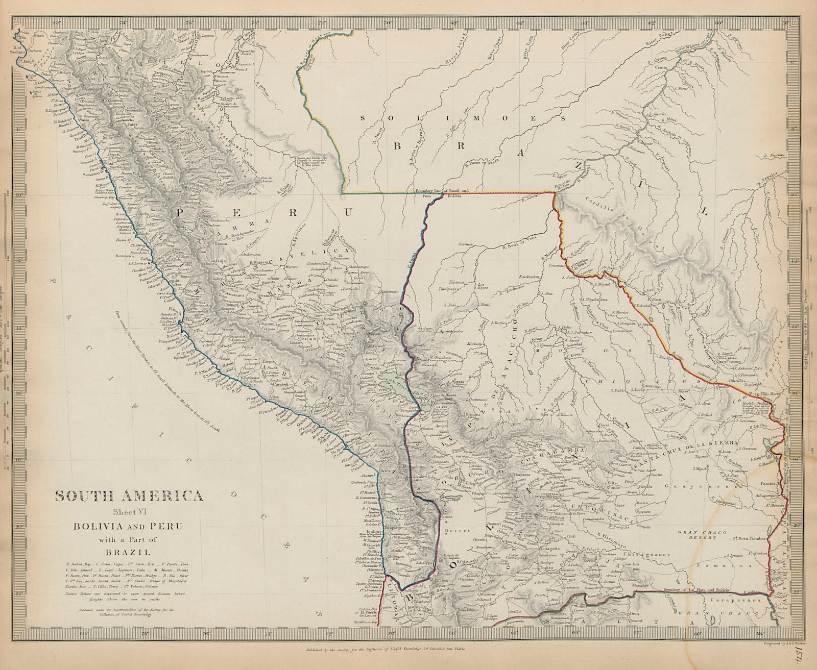 BOLIVIA, PERU with part of Brazil. Indian tribes Bolivian Litoral SDUK 1844 map